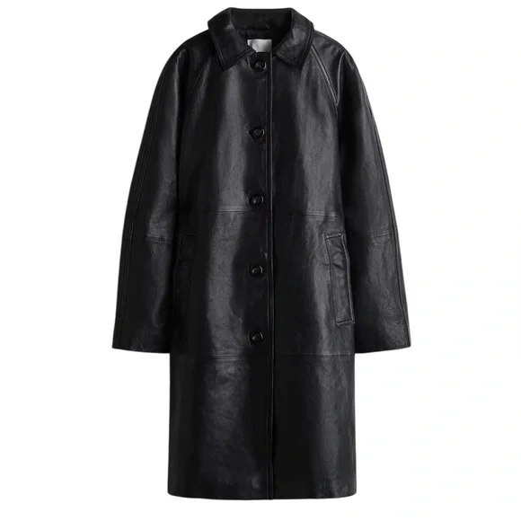 H&M NWT Knee Length Black Leather Jacket in Sz M - Picture 2 of 15